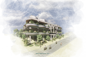 exterior architectural rendering showing a facade and courtyard with lots of green space and people riding their bikes in the foreground